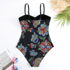 Tie-Strap V-Neck One-Piece Swimsuit with Matching Sarong Set