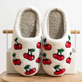 Plush white slippers with red cherry embroidery
