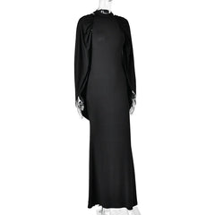 Mock Neck Cape Draped Open Back Maxi Dress