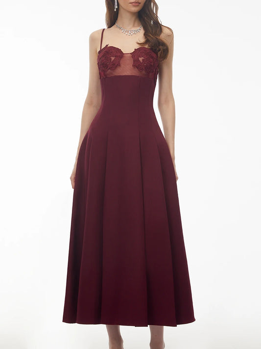Midi dress with applique mesh bodice and square neckline