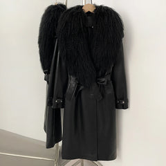 Long Faux Leather Belted Coat with Fur Collar