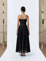 Black floral midi dress back view