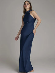 Halter Neck Sleeveless Satin Maxi Dress