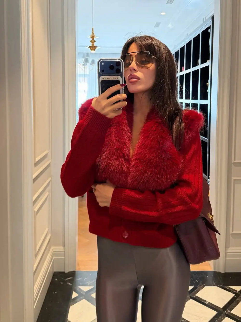 Red faux fur trimmed cardigan coat