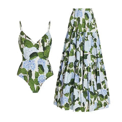 Tie-Strap V-Neck One-Piece Swimsuit with Matching Sarong Set