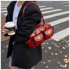 Microfiber Leather Vintage Pocket Satchel – Black & Burgundy