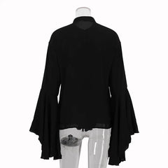 Black blouse with bell sleeves on a mannequin against a white background