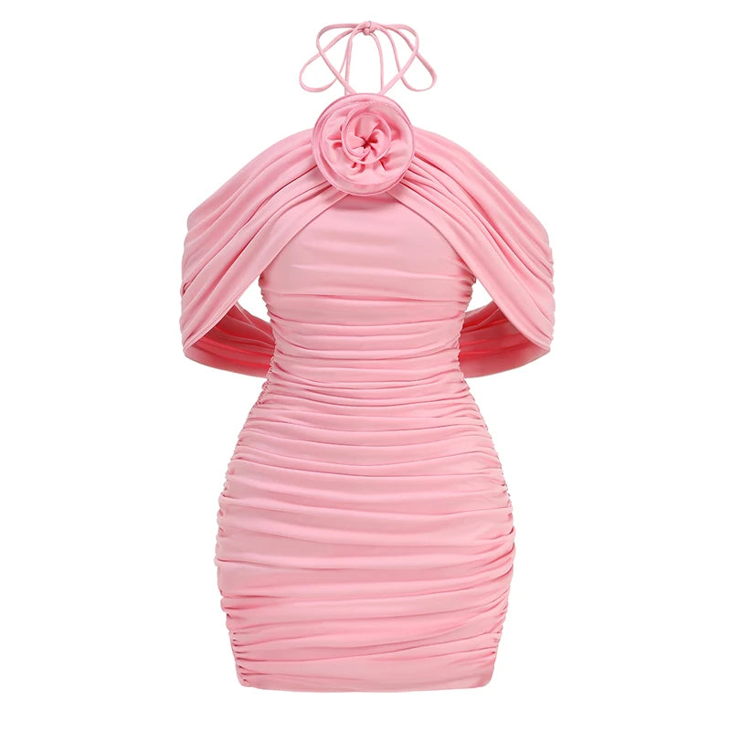 Pink ruched mini dress with halter neck and floral detail