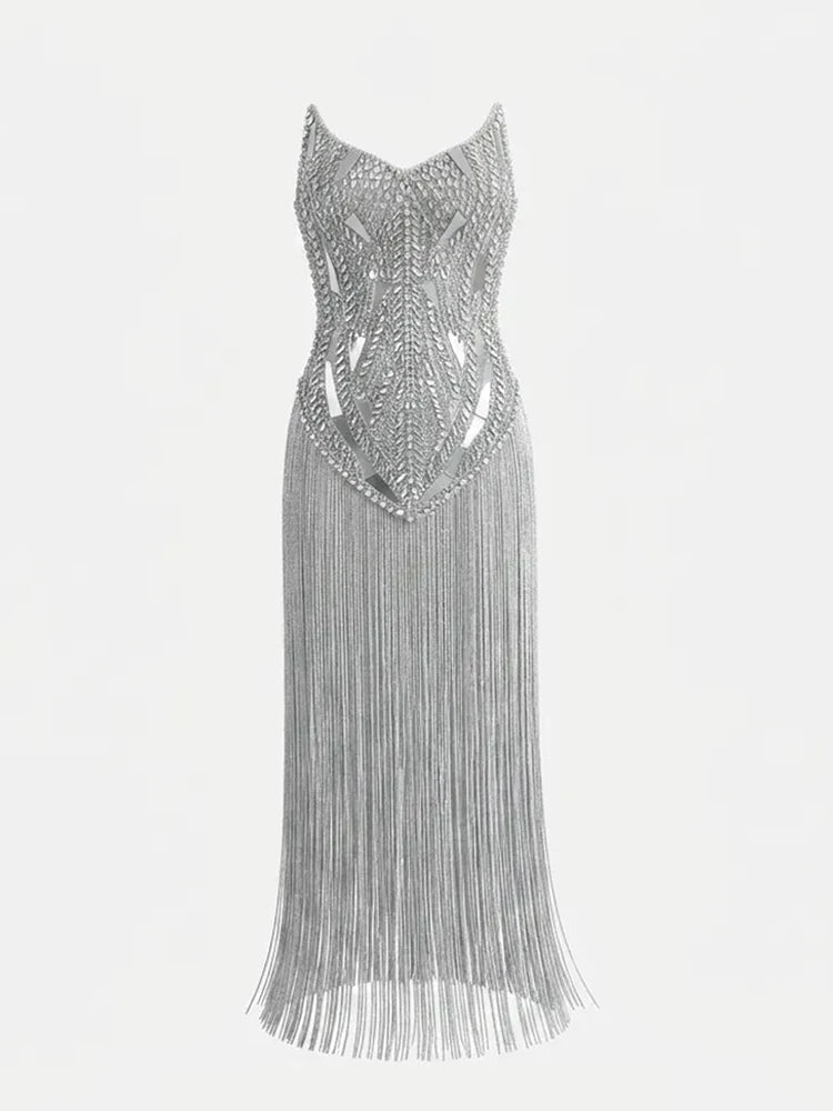 Full view of crystal beaded tassel dress