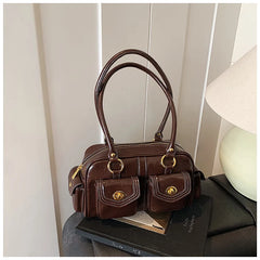 Microfiber Leather Vintage Pocket Satchel – Black & Burgundy