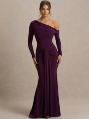 One Shoulder Ruched Long Sleeve Maxi Gown