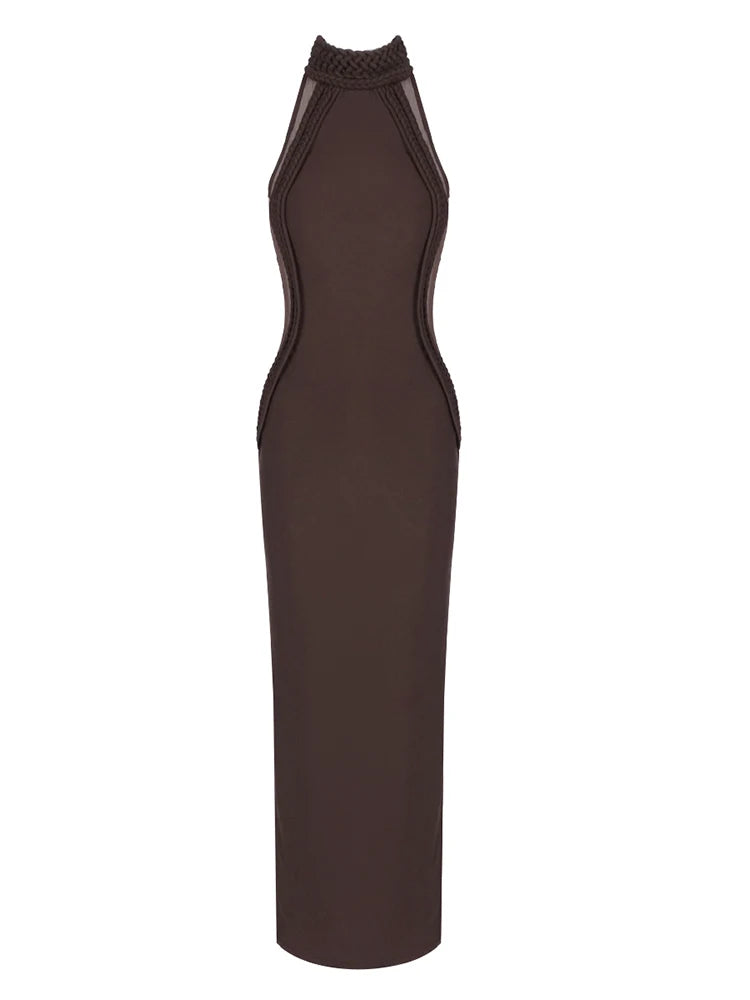 Brown dress with mesh detailing on a white background