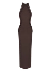 Brown dress with mesh detailing on a white background