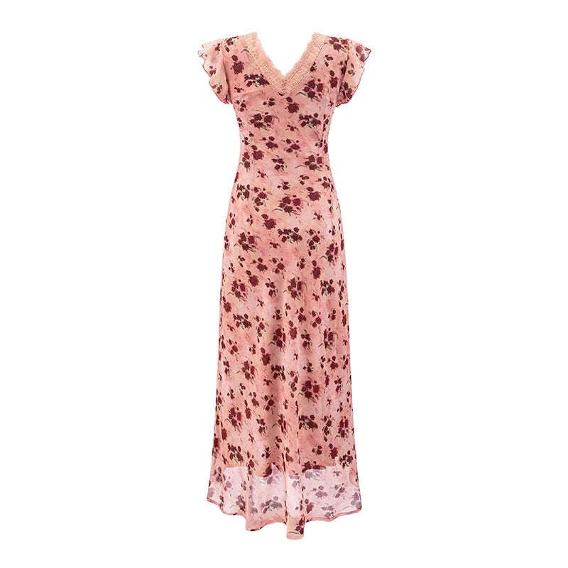 A pink floral print ankle-length A-line dress with lace trim and flutter sleeves, displayed full view.