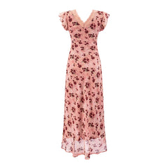 A pink floral print ankle-length A-line dress with lace trim and flutter sleeves, displayed full view.