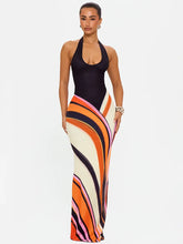 Swirl print halter neck maxi dress on white background