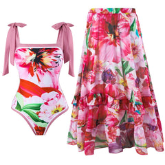 Tie-Strap V-Neck One-Piece Swimsuit with Matching Sarong Set