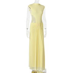 Mock Neck Draped See-Through Double-Layer Maxi Dress