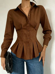 Ruched waist pleated peplum shirt in brown