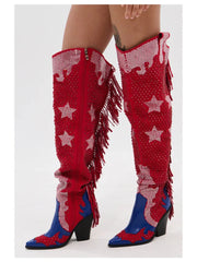 Red and blue cowboy boots with star patterns and fringes