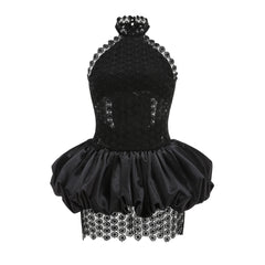 Black Lace Halter Neck Puffy Mini Dress