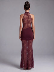 Burgendy Turtleneck Lace Patchwork Folds Maxi Dress