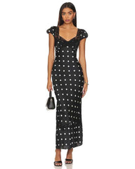 Satin Polka Dot Cap Sleeve Maxi Dress