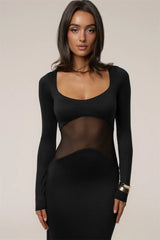 Mesh Patchwork Long Sleeve Maxi Dress