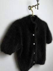 Mock Neck Puff Sleeve Fuzzy Top