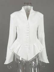 White Stand Collar Button Up Peplum Jacket