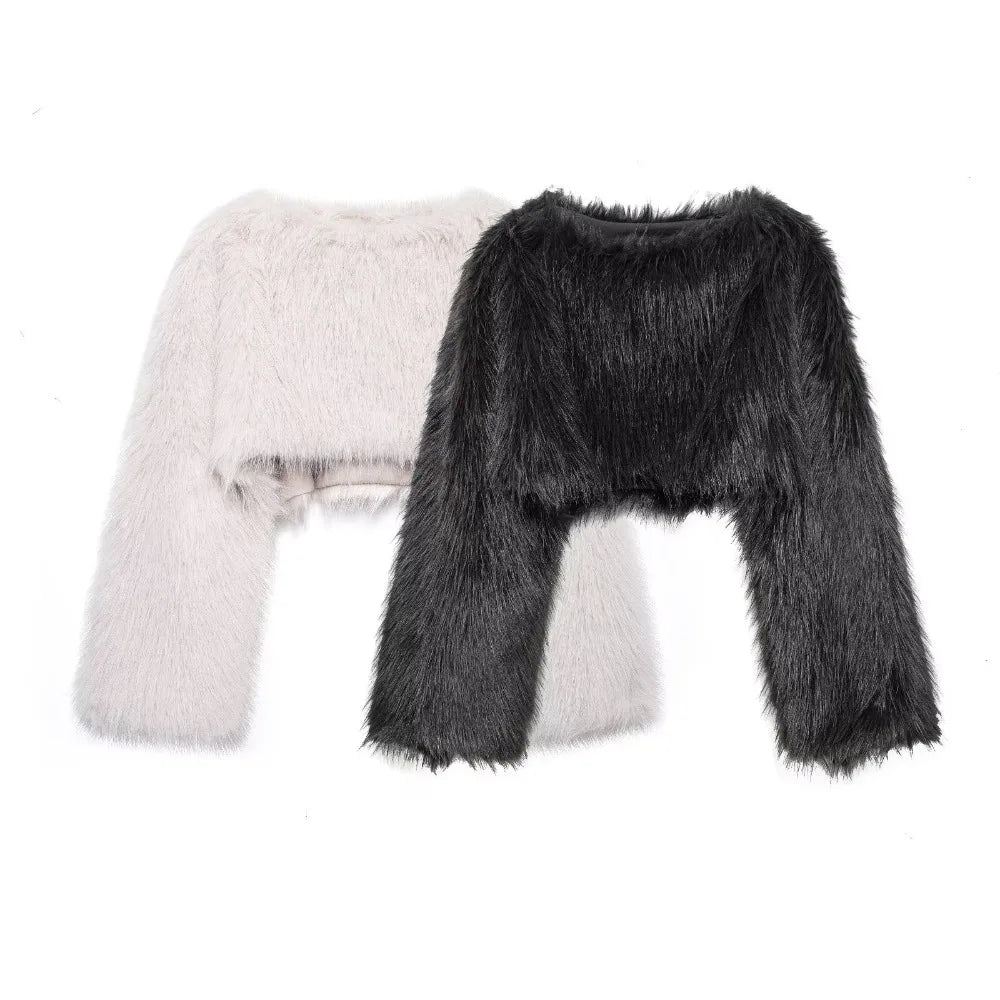 Two different styles of fur jackets on a white background