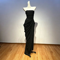Strapless Lace Up Draped Slit Maxi Dress