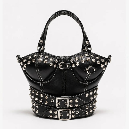 Black studded buckled corset bag