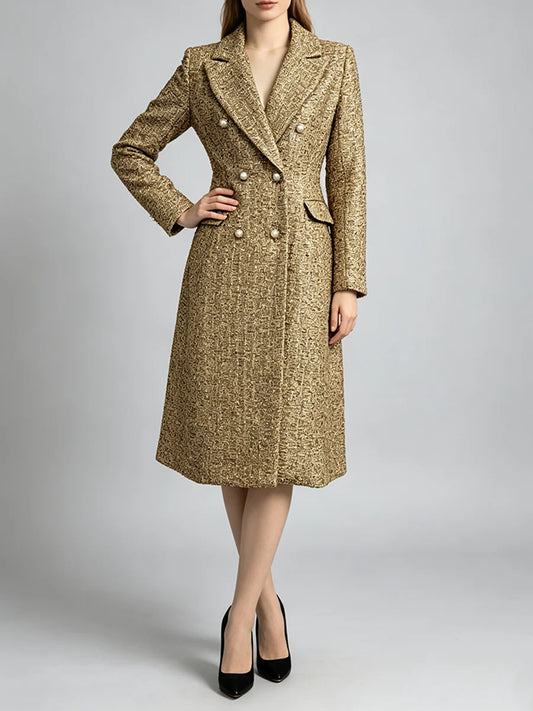Pearl button tweed double breasted coat front view