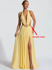 Yellow evening gown with a deep neckline and slit on a white background, labeled 'No belt chain'.