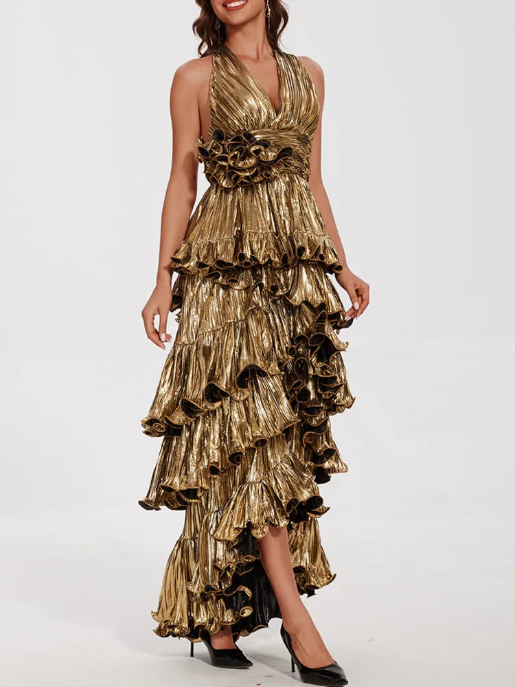 Metallic tiered maxi dress with dramatic frill layers