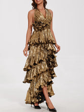 Metallic tiered maxi dress with dramatic frill layers