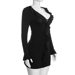 Ruffle V-Neck Long Sleeve Mini Dress