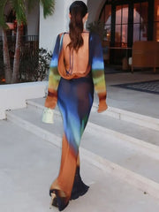 Mesh Tie Dye Long Sleeve Twisted Maxi Dress