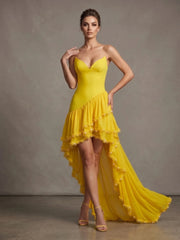 Yellow Ruffled Frill Hem Pearl Strapless Midi Dress