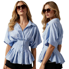 Woman wearing a blue striped shirt with a peplum waist on a white background