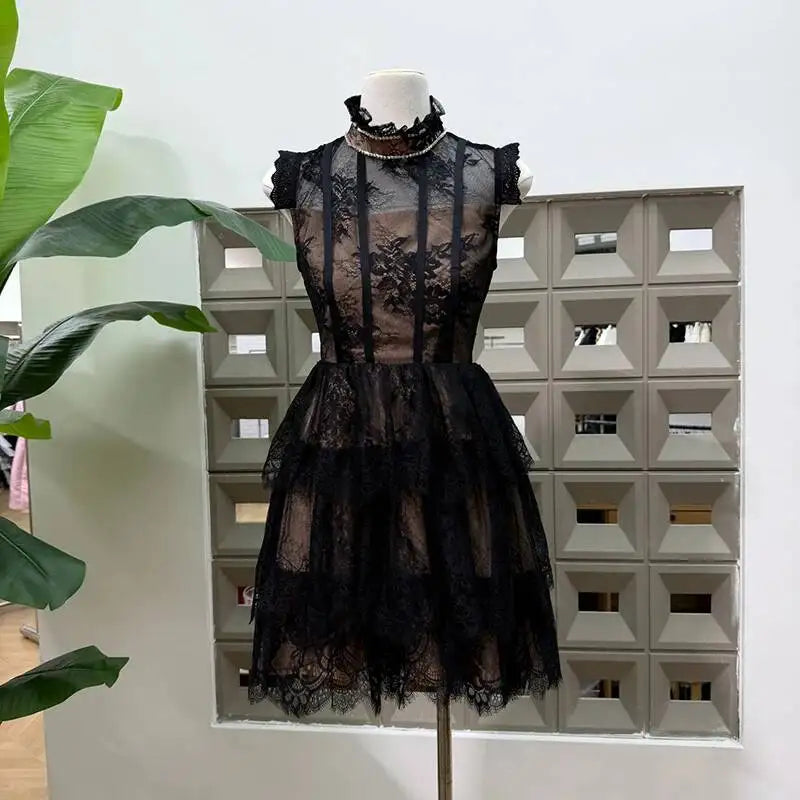 Black lace stand collar mini dress