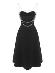 Black Strapless A-Line Midi Dress with Pearl Chain