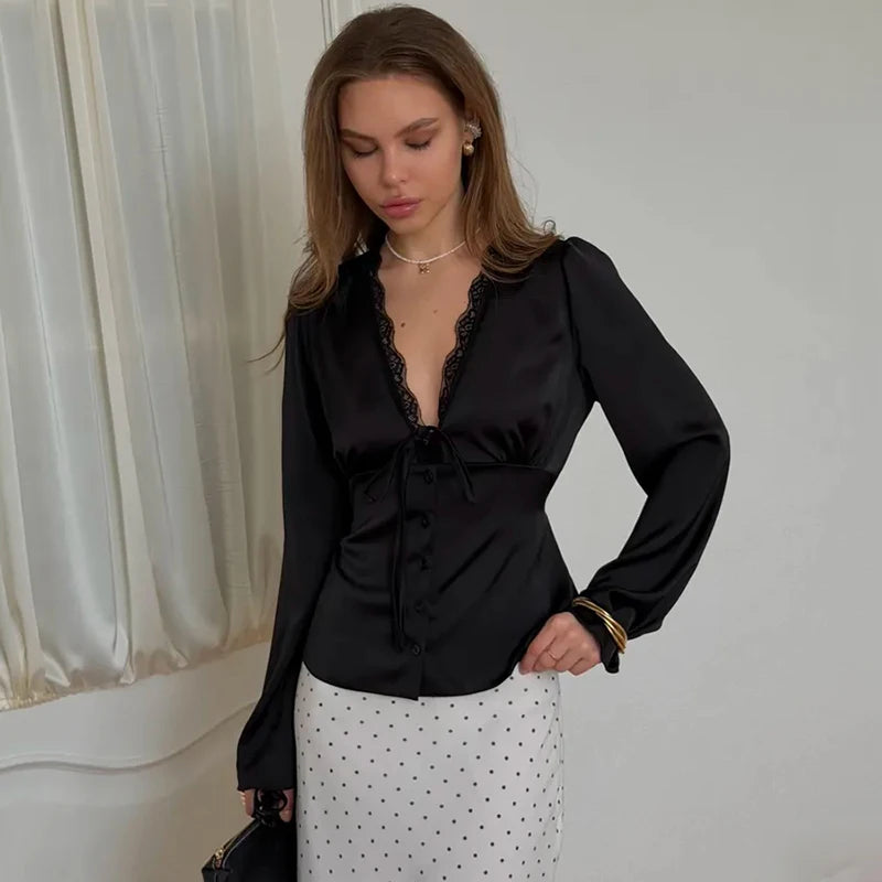 Black satin lace trim tie-front blouse with bell sleeves