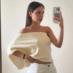 Off Shoulder Asymmetrical Knit Poncho Top