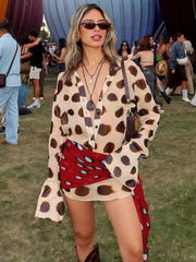 Polka dot print mini dress with scarf strap and bell sleeves