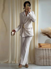 Ruched Waist Gold Buckle Blazer and Wide Leg Pants Set