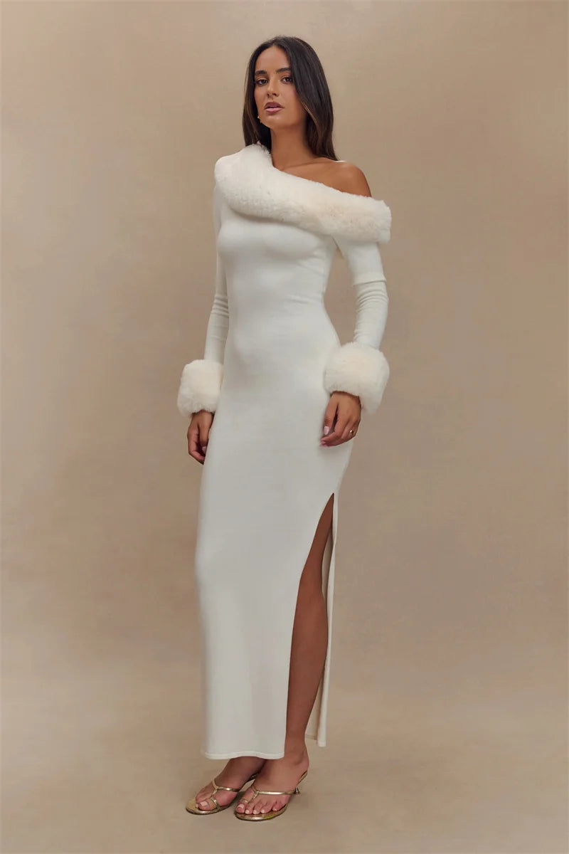 luxury white floor length dress with soft fur details