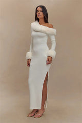 luxury white floor length dress with soft fur details