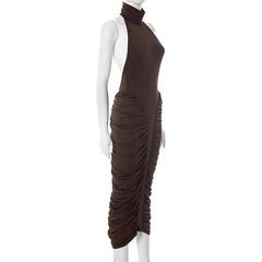 Brown ruched dress on a mannequin against a white background